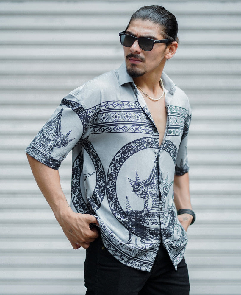 Grey Vintage Print Oversize Drop Shoulder Shirt