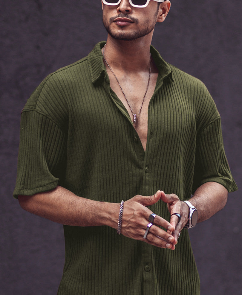 Olive Green Rib-Knit Oversize Drop Shoulder Shirt