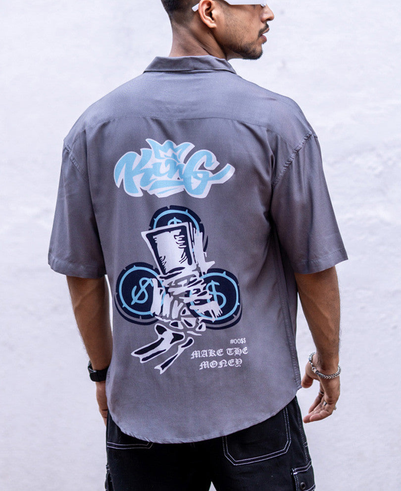 Grey King Print Oversize Drop Shoulder Shirt