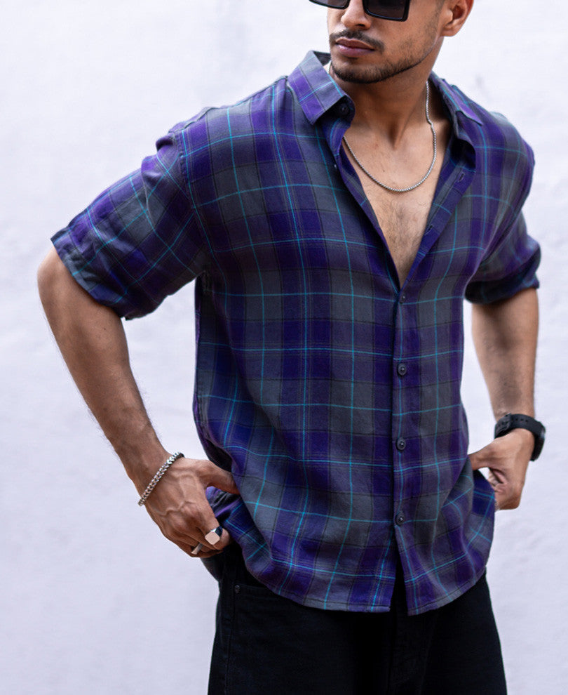 Purple Plaid Checks Oversize Drop Shoulder Shirt