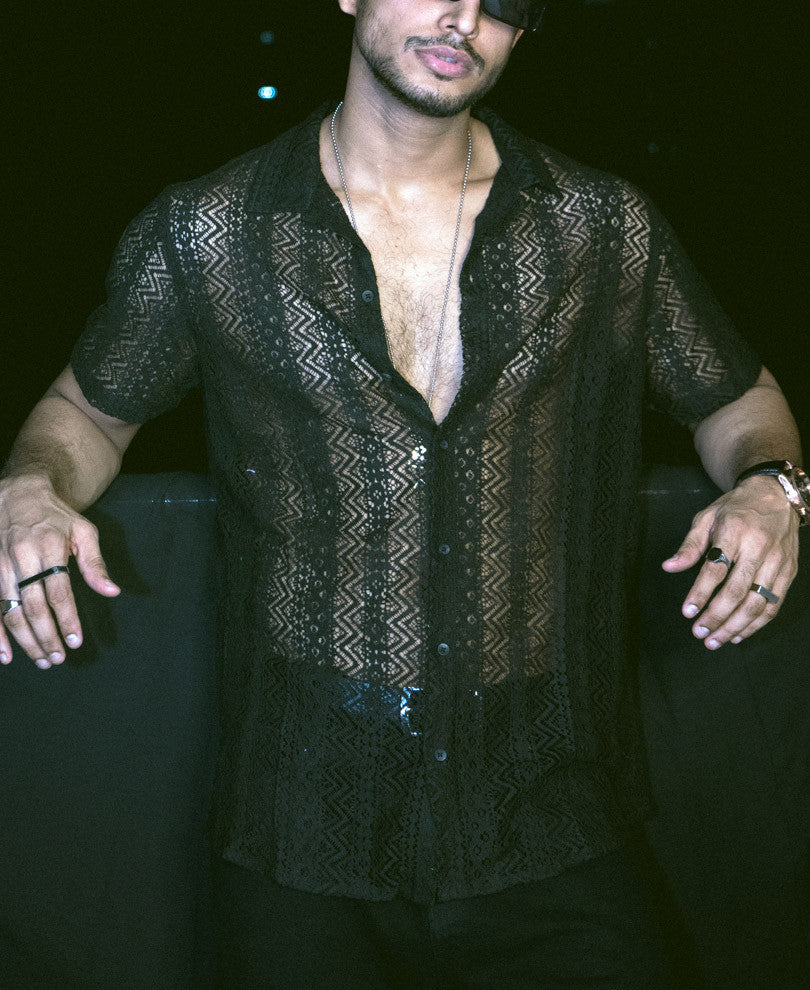 Black Sheer Pattern Half Sleeves Shirt