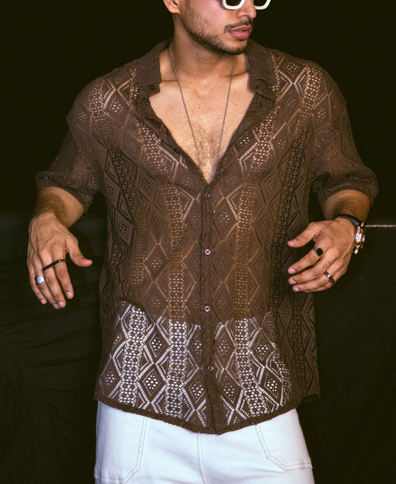 Dark Brown Sheer Pattern Oversize Drop Shoulder Shirt