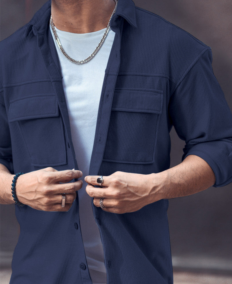 Navy Blue Pocket Oversize Shacket Drop Shoulder Shirt