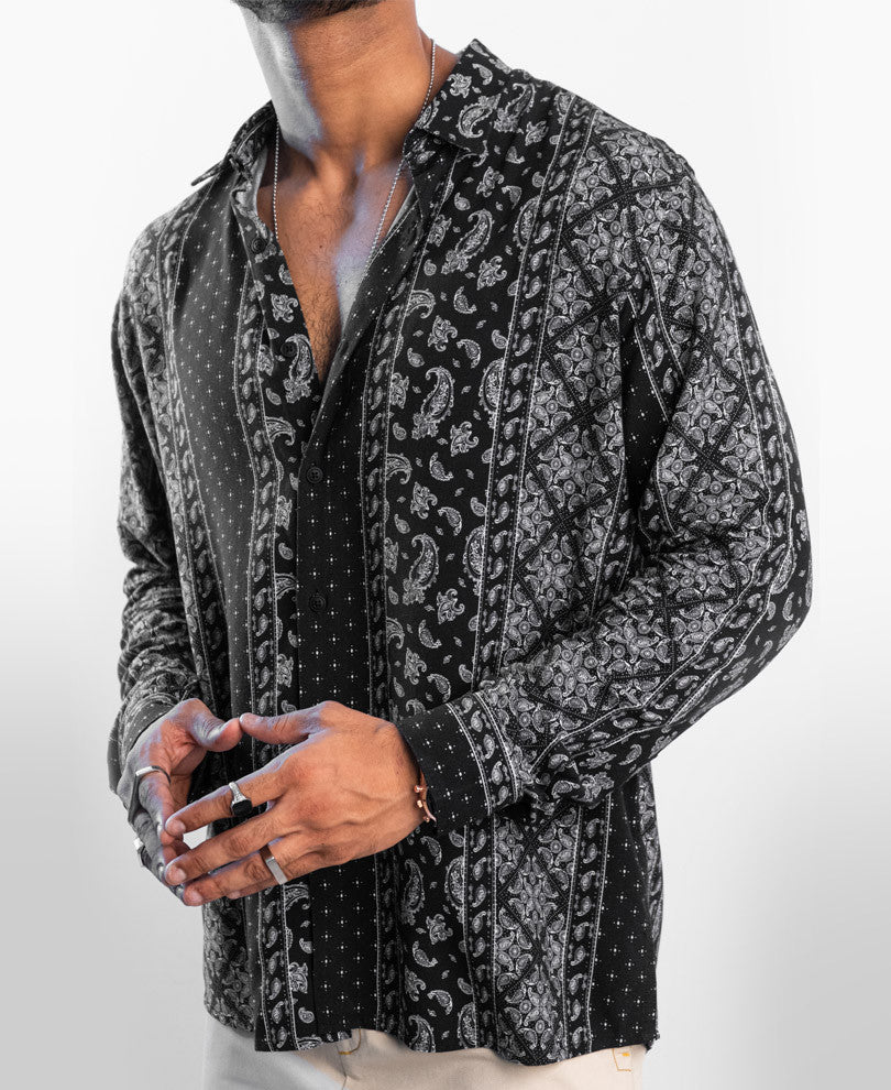 Black Ethnic Motifs Print Oversize Drop Shoulder Shirt