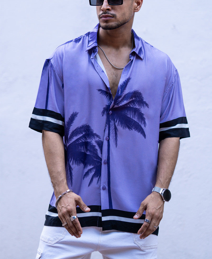 Purple Palm Tree Print Oversize Drop Shoulder Shirt
