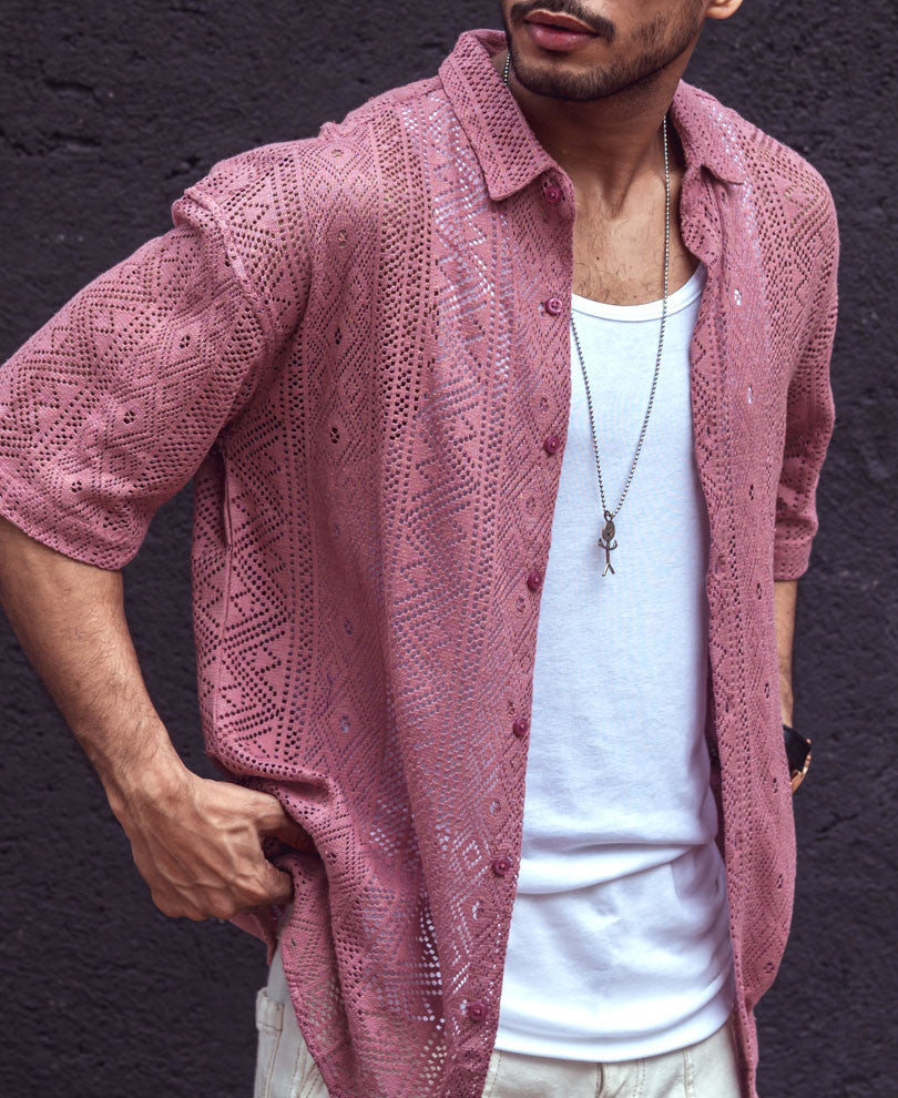 Peach Sheer Pattern Oversize Drop Shoulder Shirt
