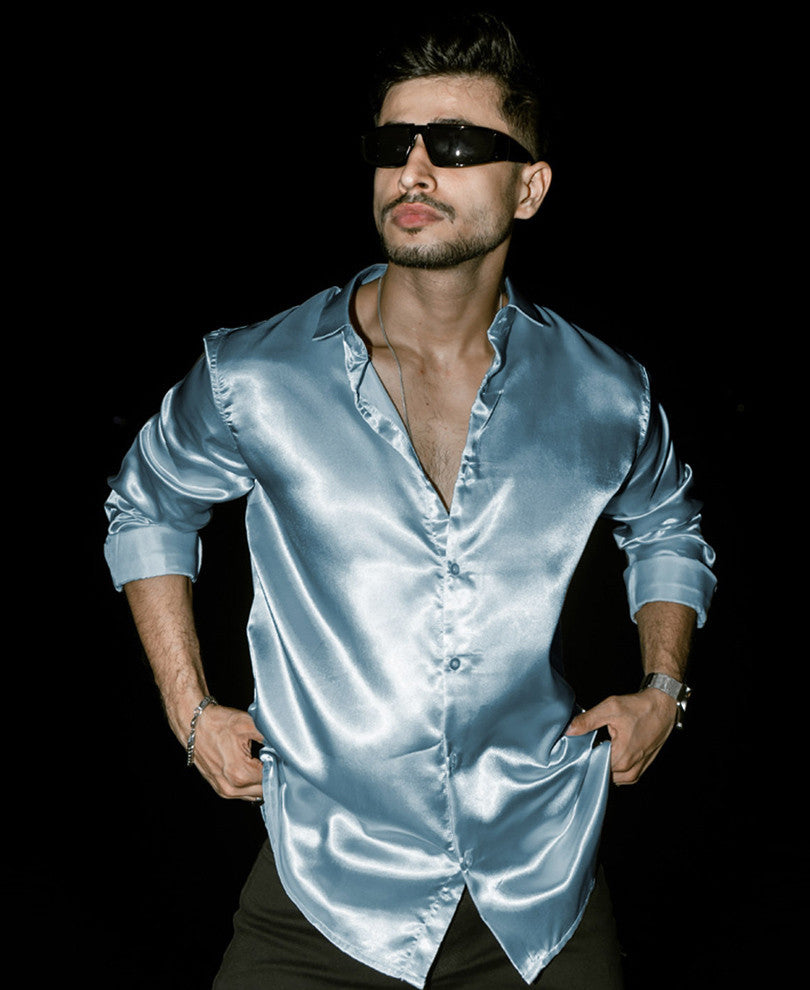 Blue Grey Satin Full Sleeves Shirt