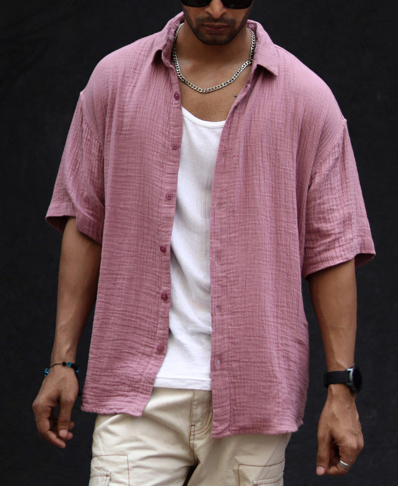 Pink Textured Oversize Drop Shoulder Shirt