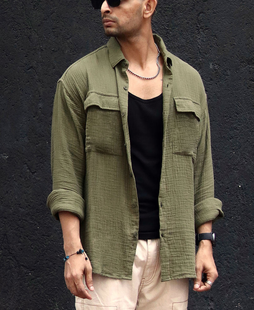 Olive Green Textured Shacket Oversize Drop Shoulder Shirt