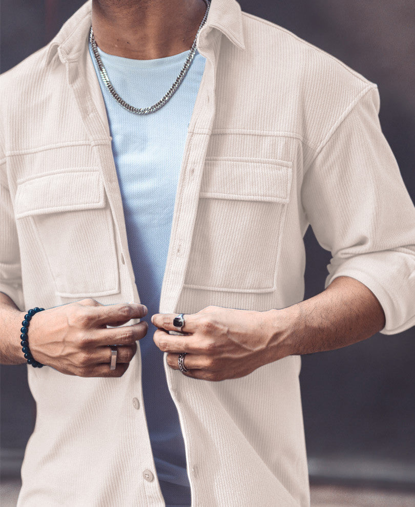 Cream Chest Pocket Shacket Oversize Drop Shoulder Shirt