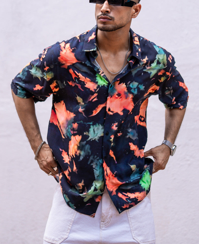 Navy Blue Tie Dye Print Oversize Drop Shoulder Shirt
