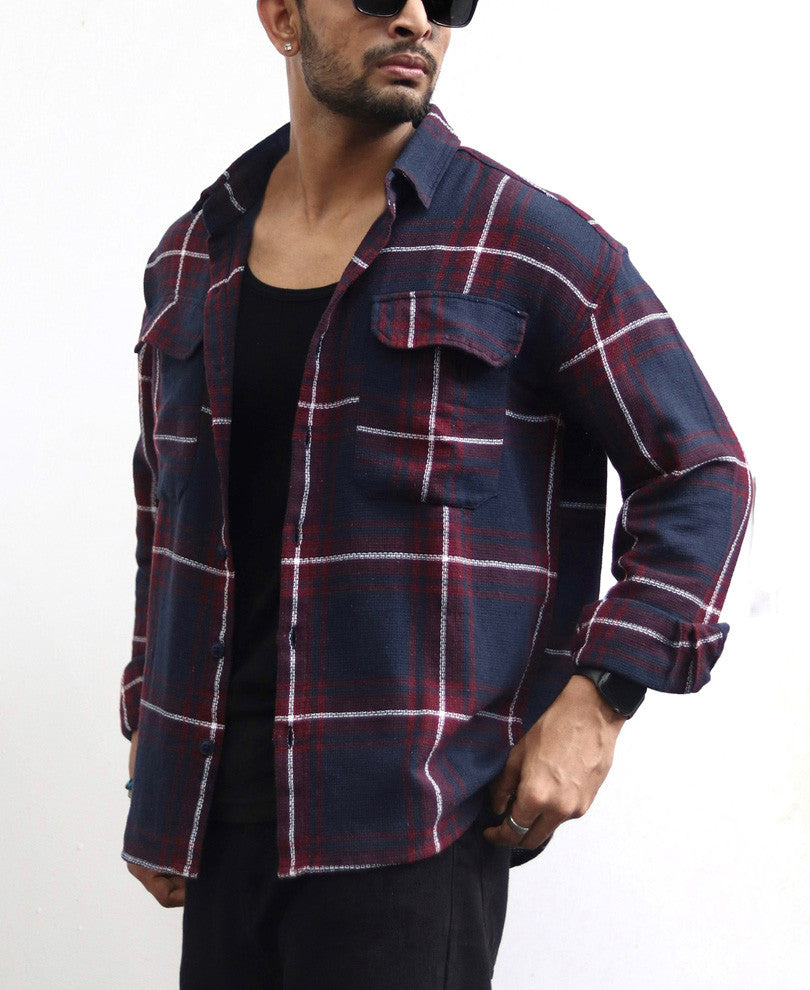Maroon And Navy Blue Structured Checks Shacket Oversize Drop Shoulder Shirt