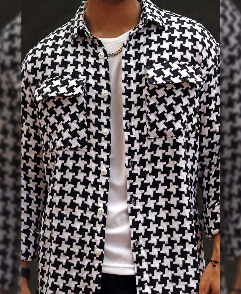 Black and White Houndstooth Printed Shacket Oversized Shirt