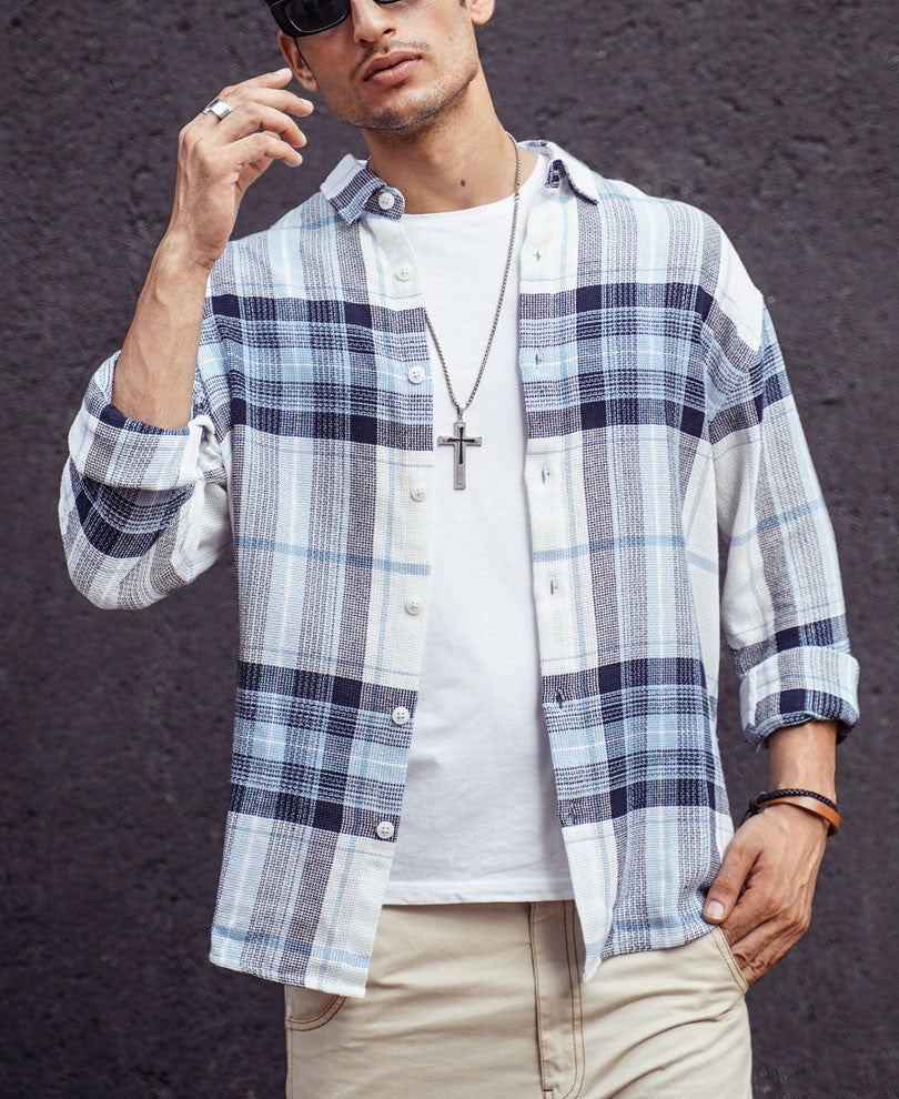 White and Blue Structured Checks Oversize Drop Shoulder Shirt