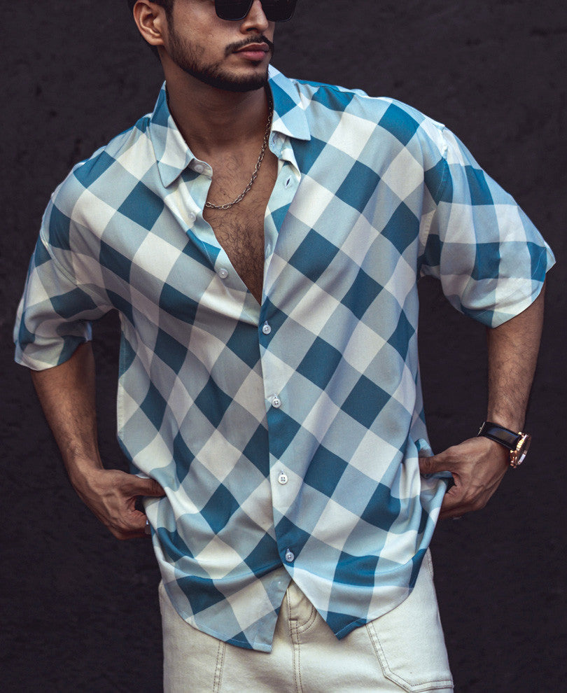 Turquoise Green Checks Oversized Shirt