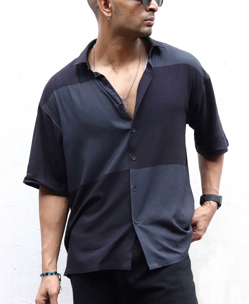 Black and Grey Colourblocked Oversized Shirt