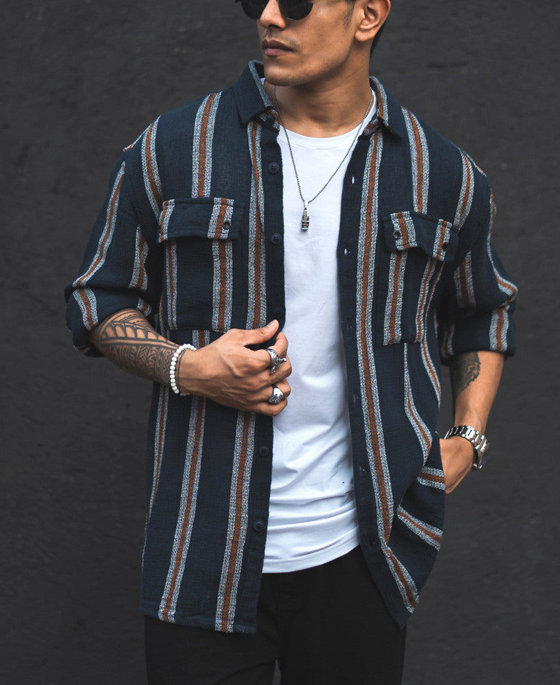 Blue Structured Striped Shacket Oversized Shirt