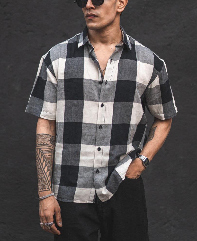 Black And Cream Checks Oversize Drop Shoulder Shirt