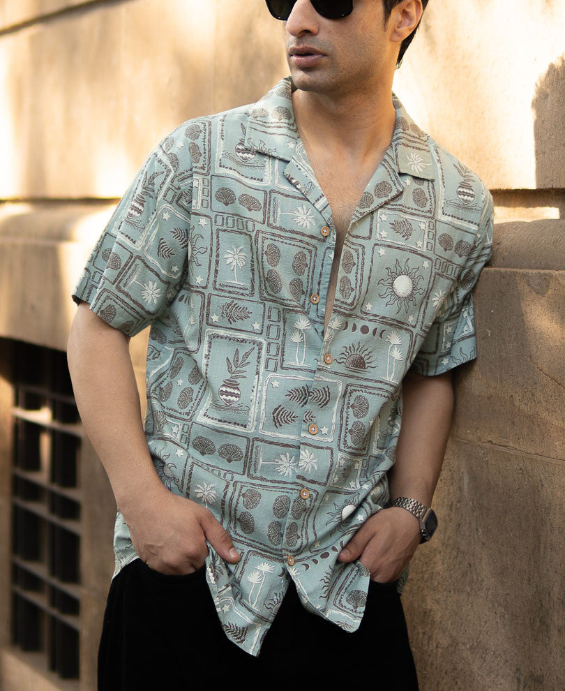 Dusty Blue Tropical Print Shirt