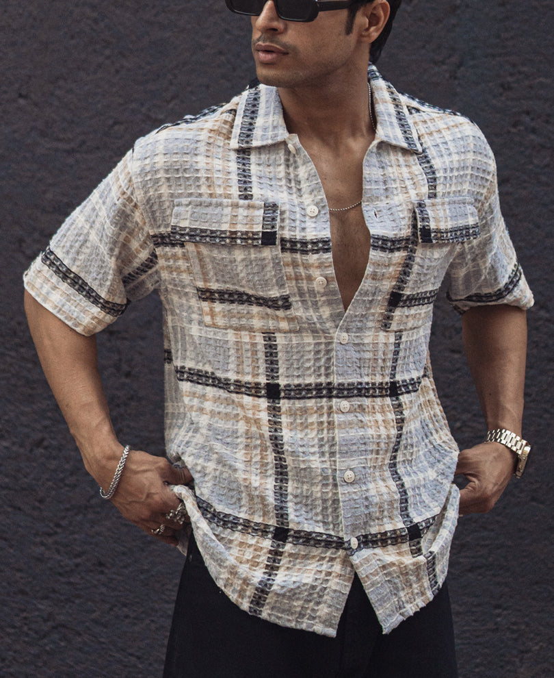 Multicolor Waffle Checked Oversized Half Sleeves Shirt