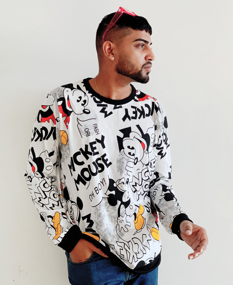Urban White Mickey Mouse Printed Full Sleeves T Shirt