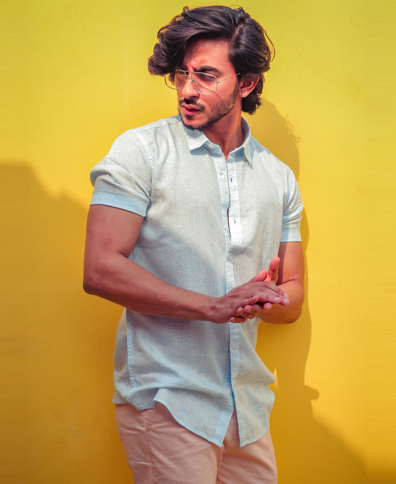 Mens Sky Blue Plain Linen Shirt
