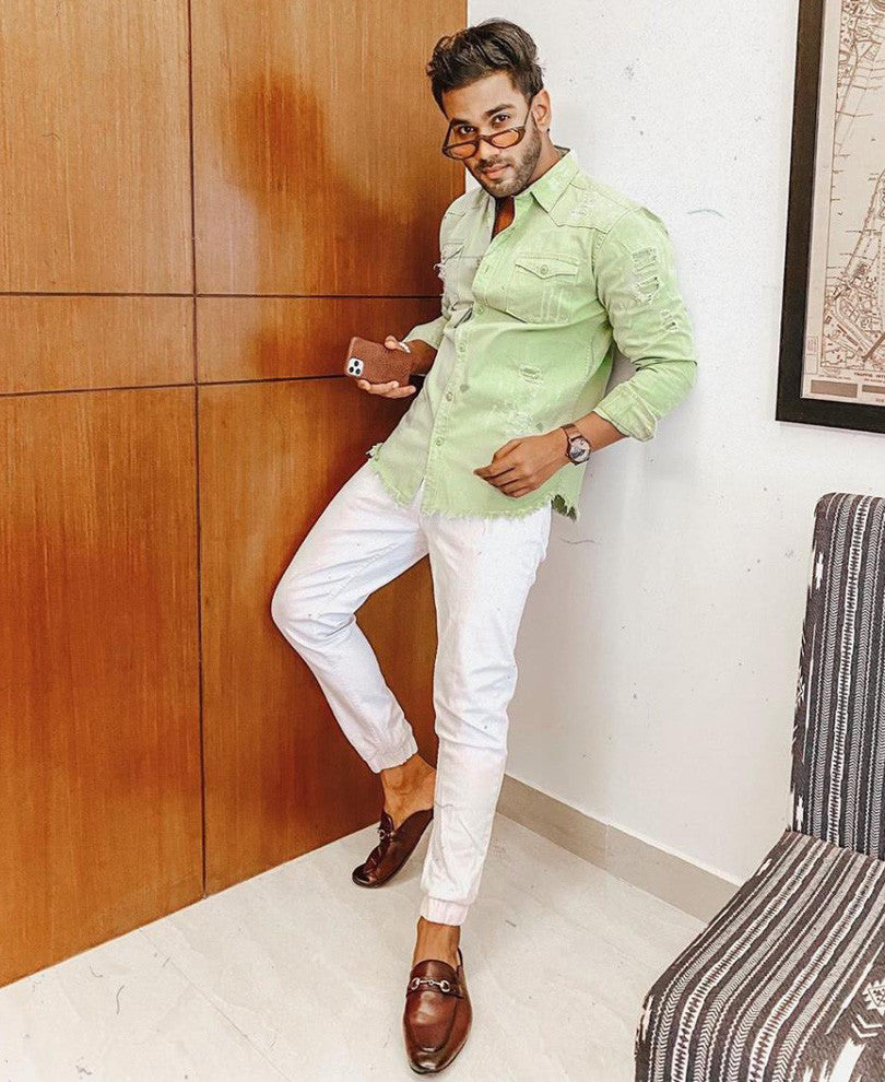Green Ripped Denim Casual Shirt