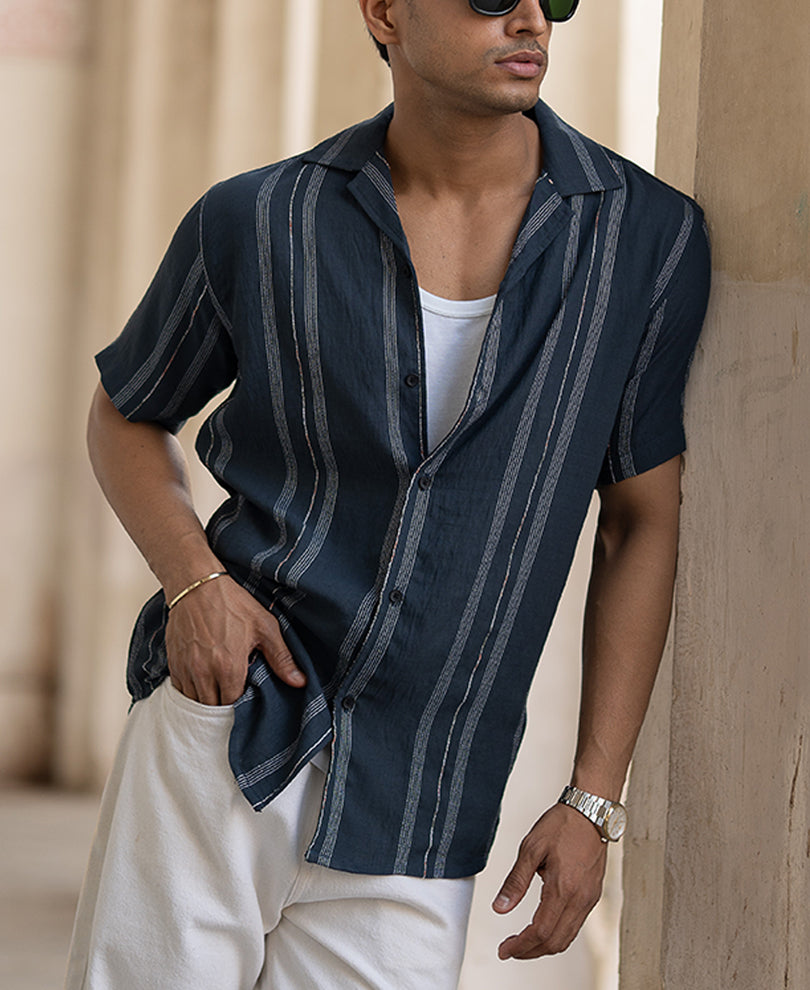 Navy Micro Striped Flowy Shirt