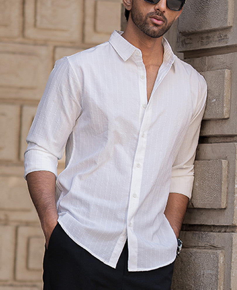 White Striped Flowy Regular Fit Shirt