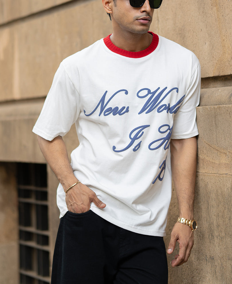 White Contrast Neck Graphic T-Shirt