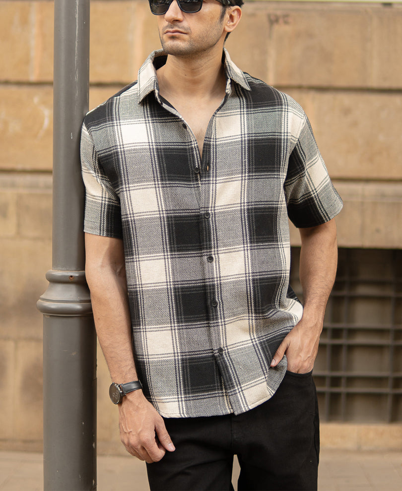 Black Regular Fit Structured Checks Shirt