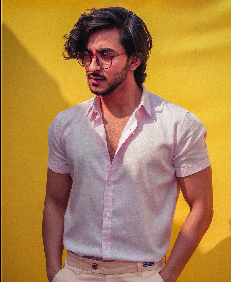 Mens Pink Plain Linen Shirt