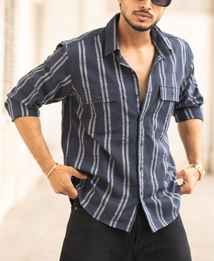 Navy Blue Striped Regular Fit Full Sleeves Shirt