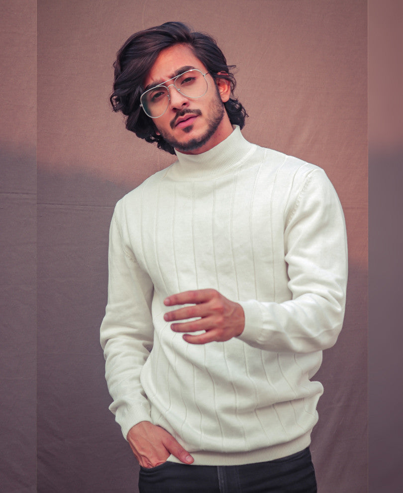 White Knitted High Neck Full Sleeves T Shirt