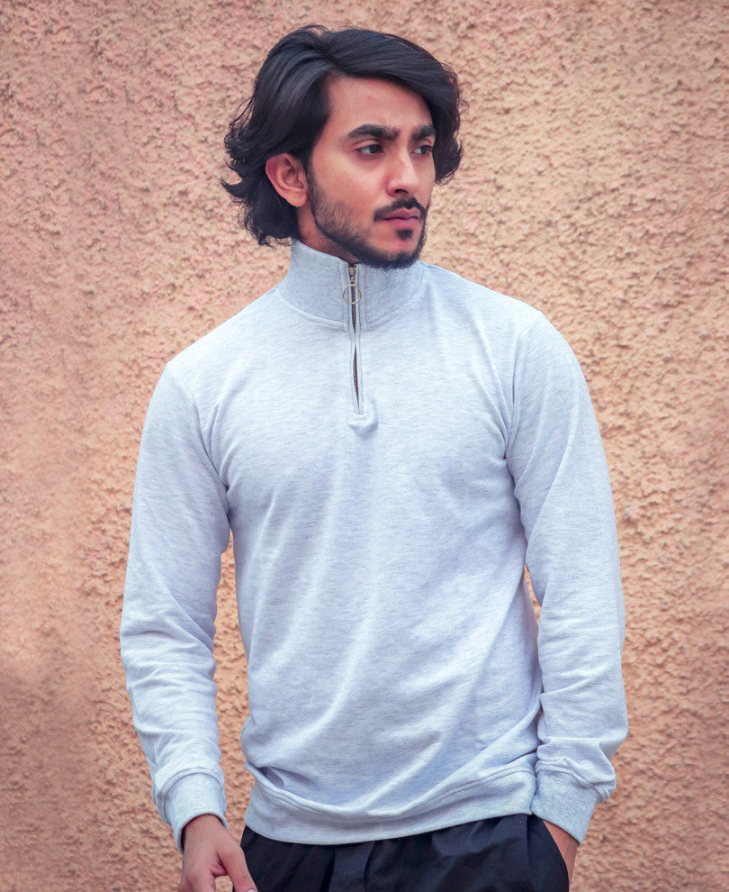 Plain Acro Grey Turtle Neck With Zip Full Sleeves T Shirt