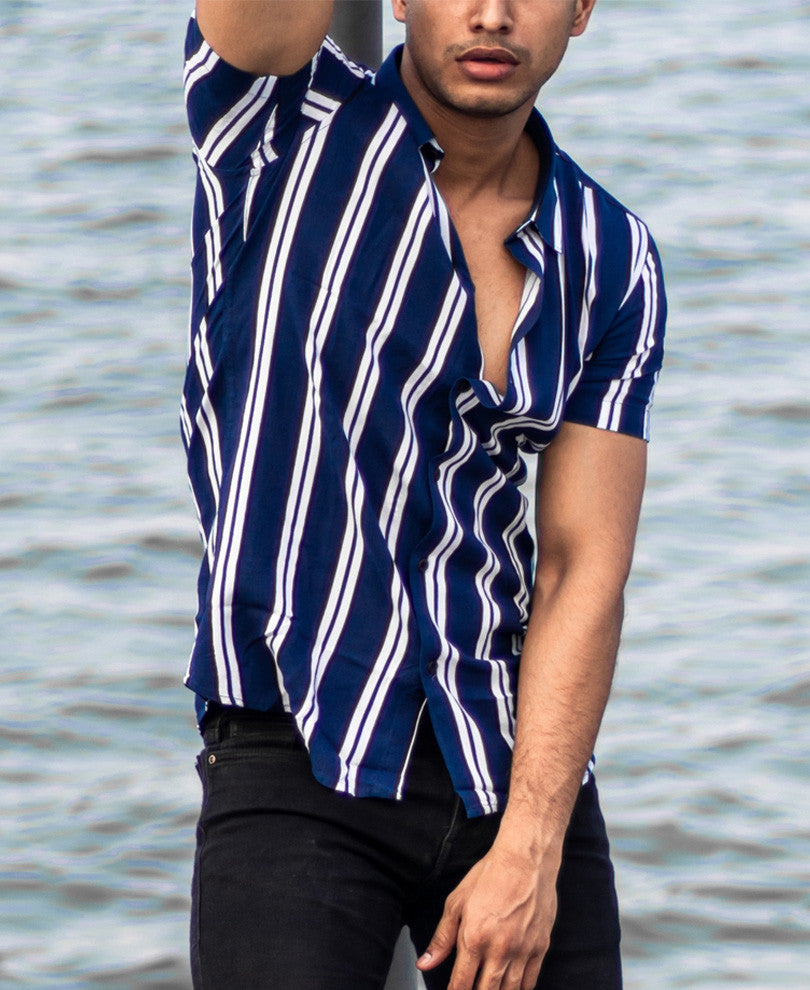 Blue and White Stripes Half Sleeves Shirt