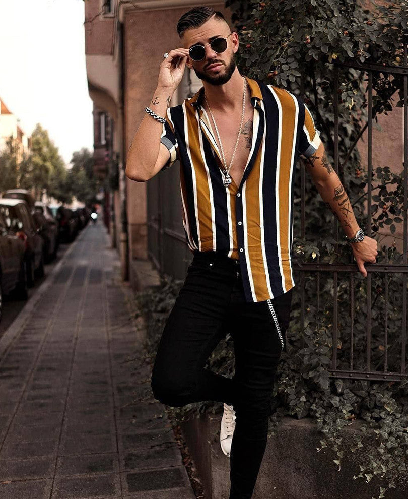 Mustard And Navy Blue Stripes Print Half Sleeves Shirt