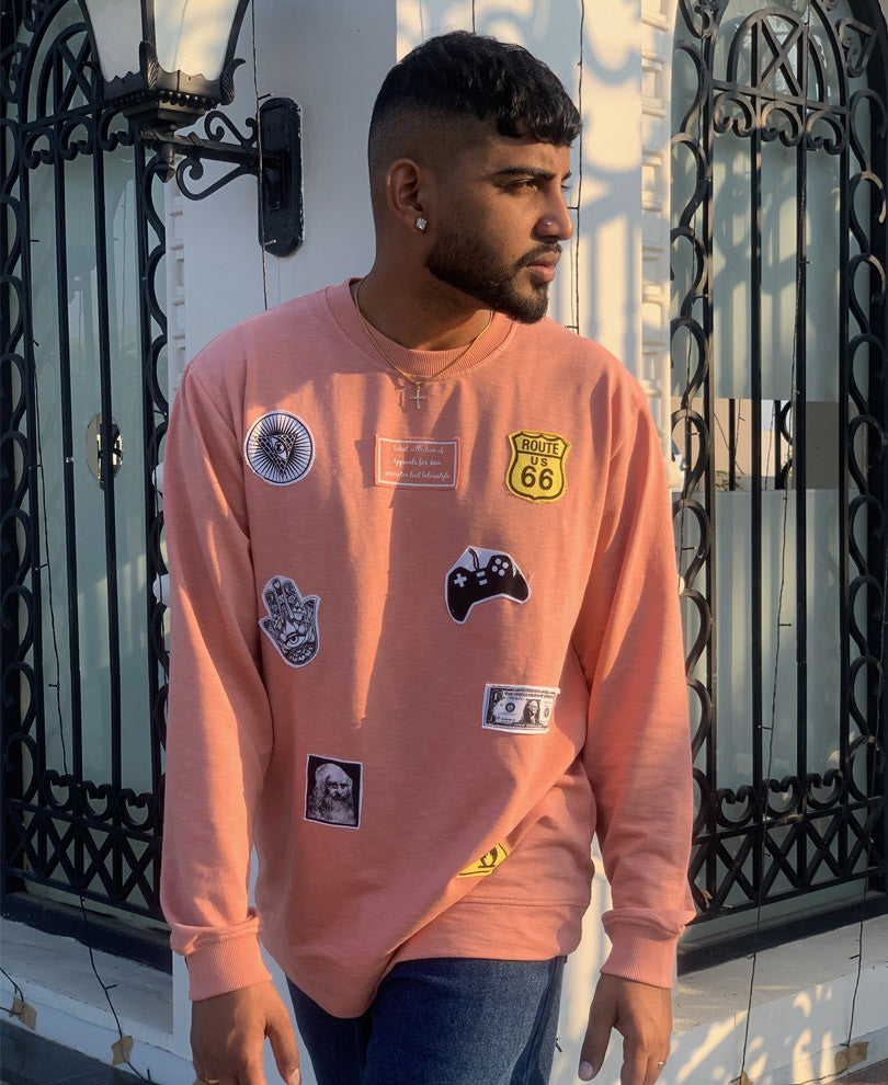 Peach Patched Full Sleeves T Shirt