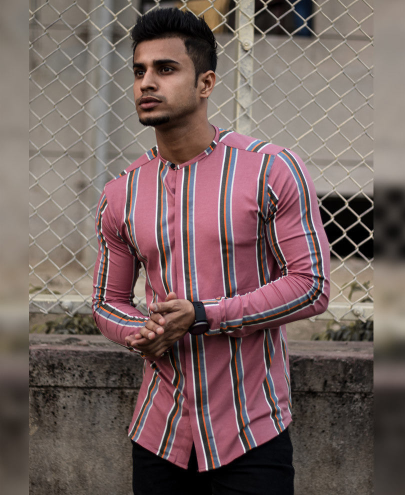 Rusty Pink With Multi Color Stripe Full Sleeves Shirt