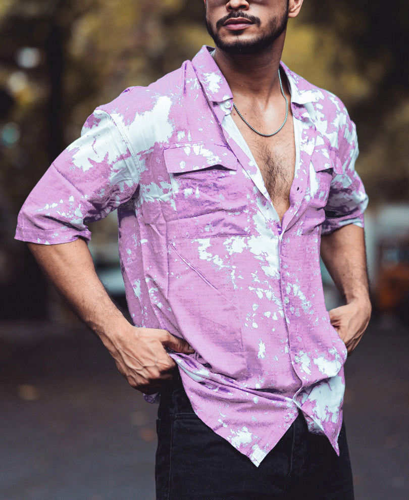 Purple And White Tie-Dye Print Pocket Oversize Drop Shoulder Shirt