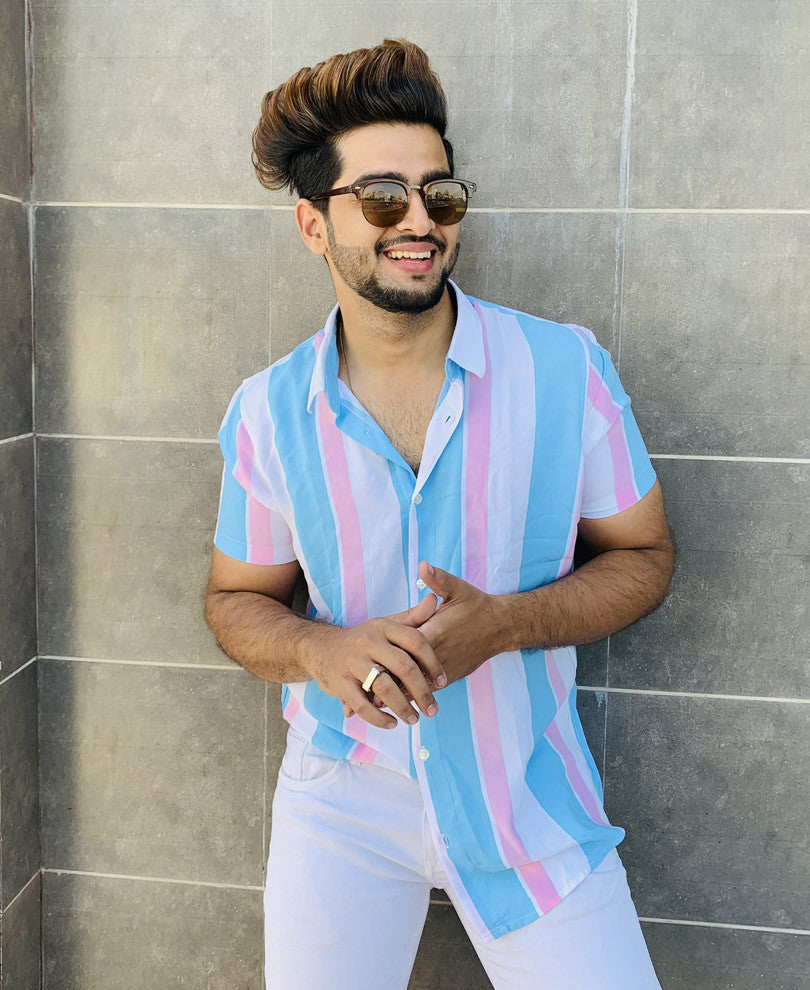 White With Blue Vertical Stripes Half Sleeves Shirt