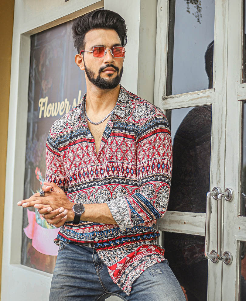 Urban Red Mix Scarf Printed Full Sleeves Shirt