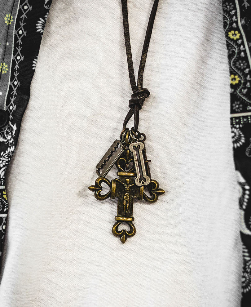 Cross Pendant Leather Necklace Chain