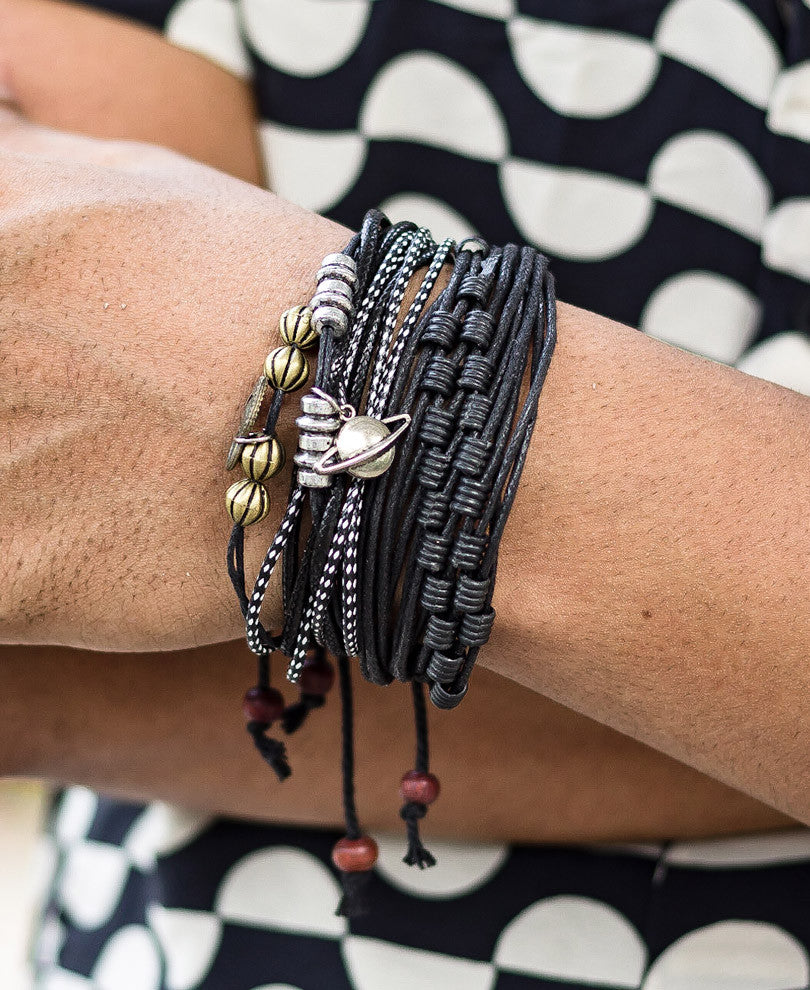 Black With Silver Saturn Mix 3 Wrap Bracelet