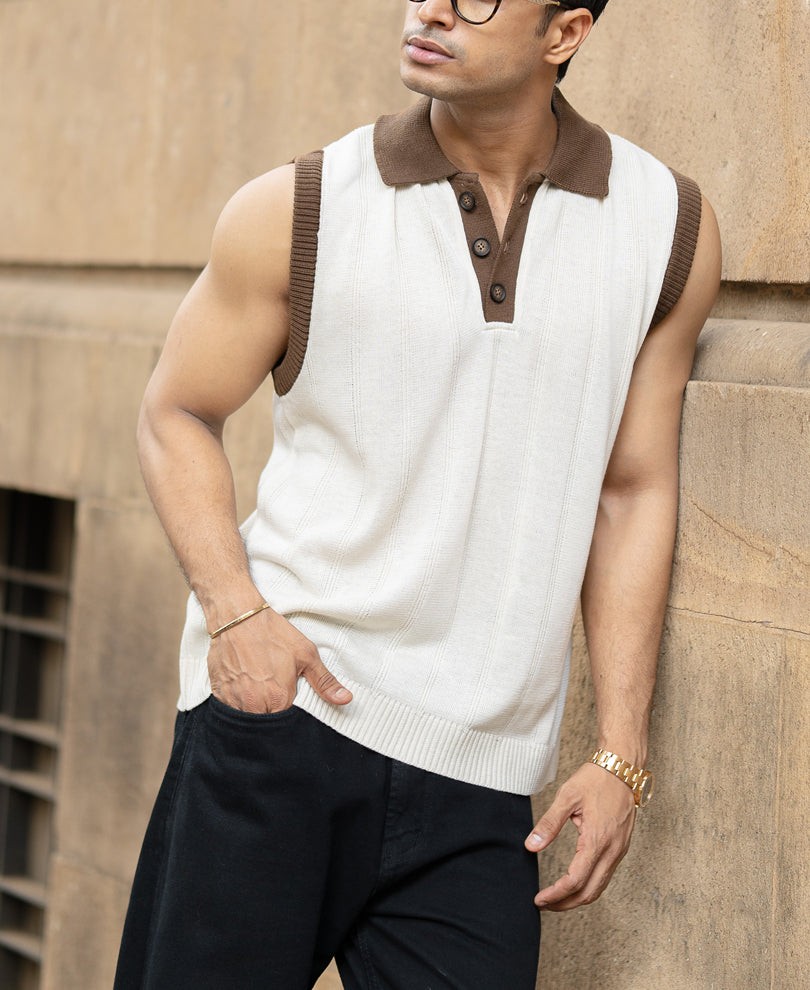 Cream Contrast Collar Knit Sando
