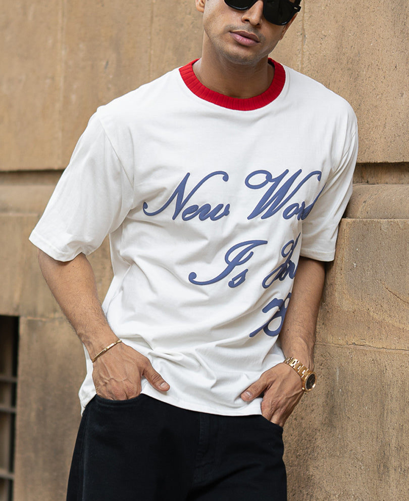 White Contrast Neck Graphic T-Shirt
