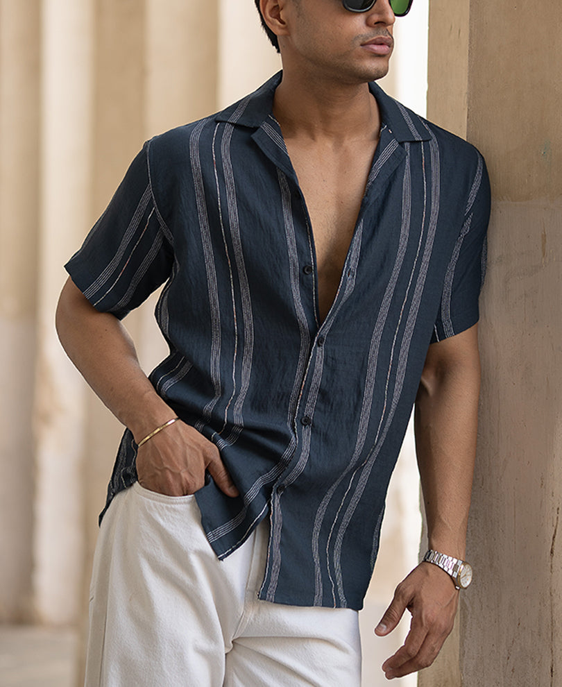 Navy Micro Striped Flowy Shirt