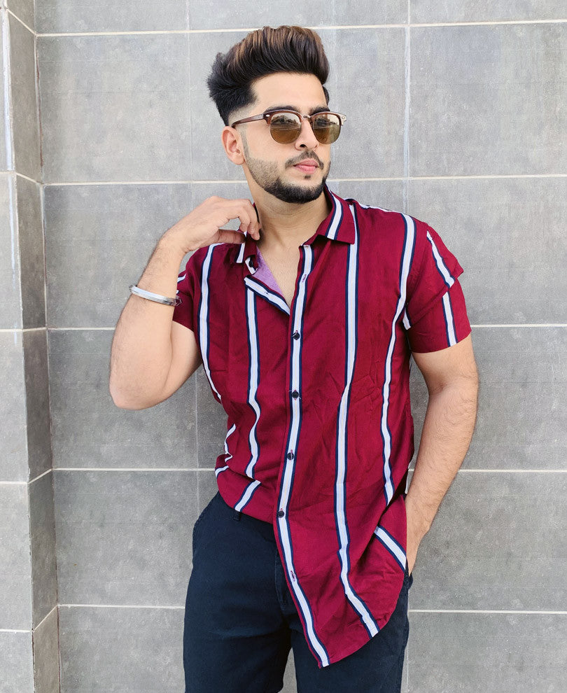 Maroon Multiple Stripes Half Sleeves Shirt