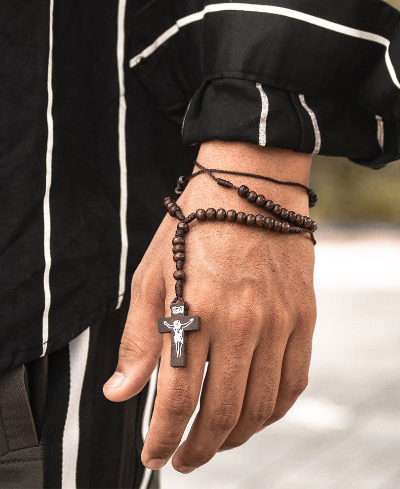 Wooden Rosary Bead Cross Pendant