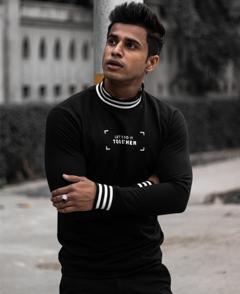Black Chest Printed High Neck Full Sleeves T Shirt